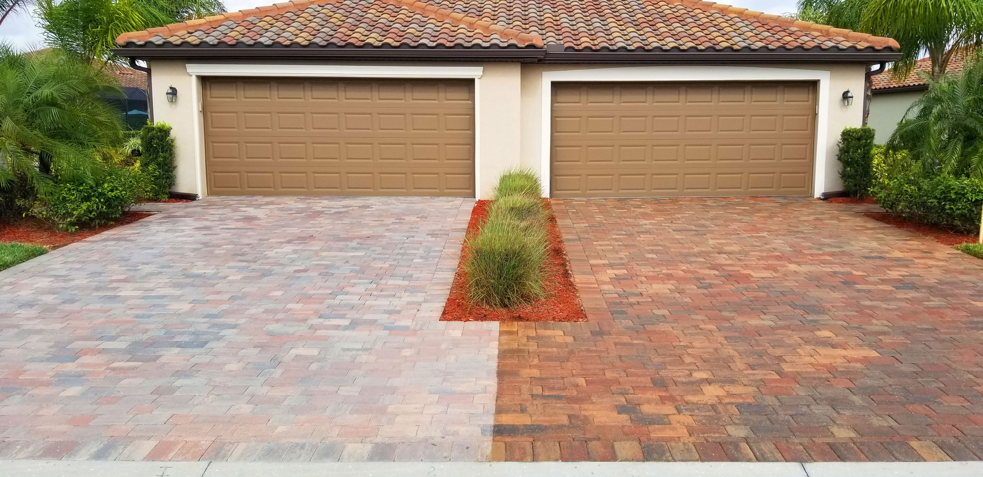 Concrete paver driveway with half sealed and pigmented.