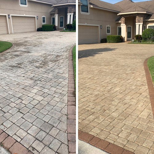 Before and after photo of a paver driveway