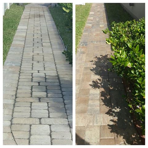Before and after photos of a paver walkway