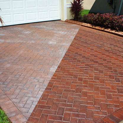 Before and after photo of a clean and sealed paver drive way