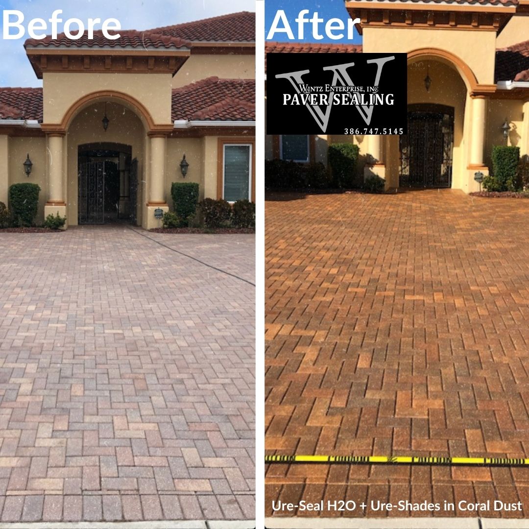 Before and after photos of house with a paver driveway