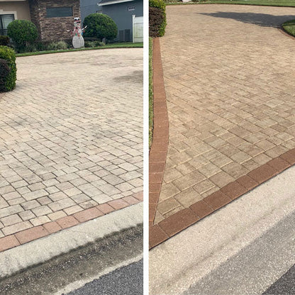 Before and after photo of a paver driveway