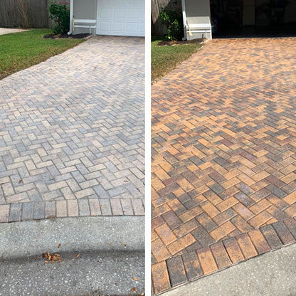 Before and after photo of a paver driveway
