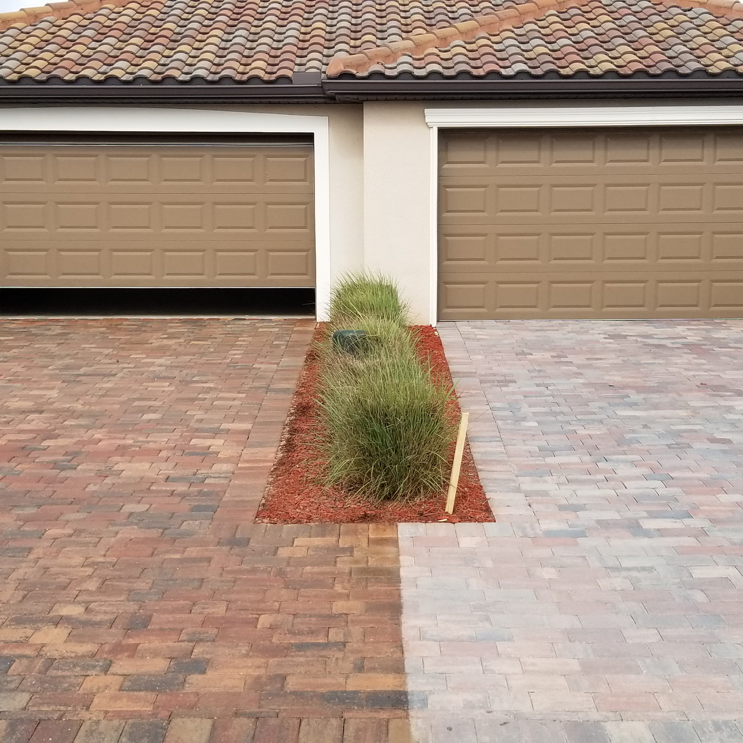 Before and after photo of paver driveway