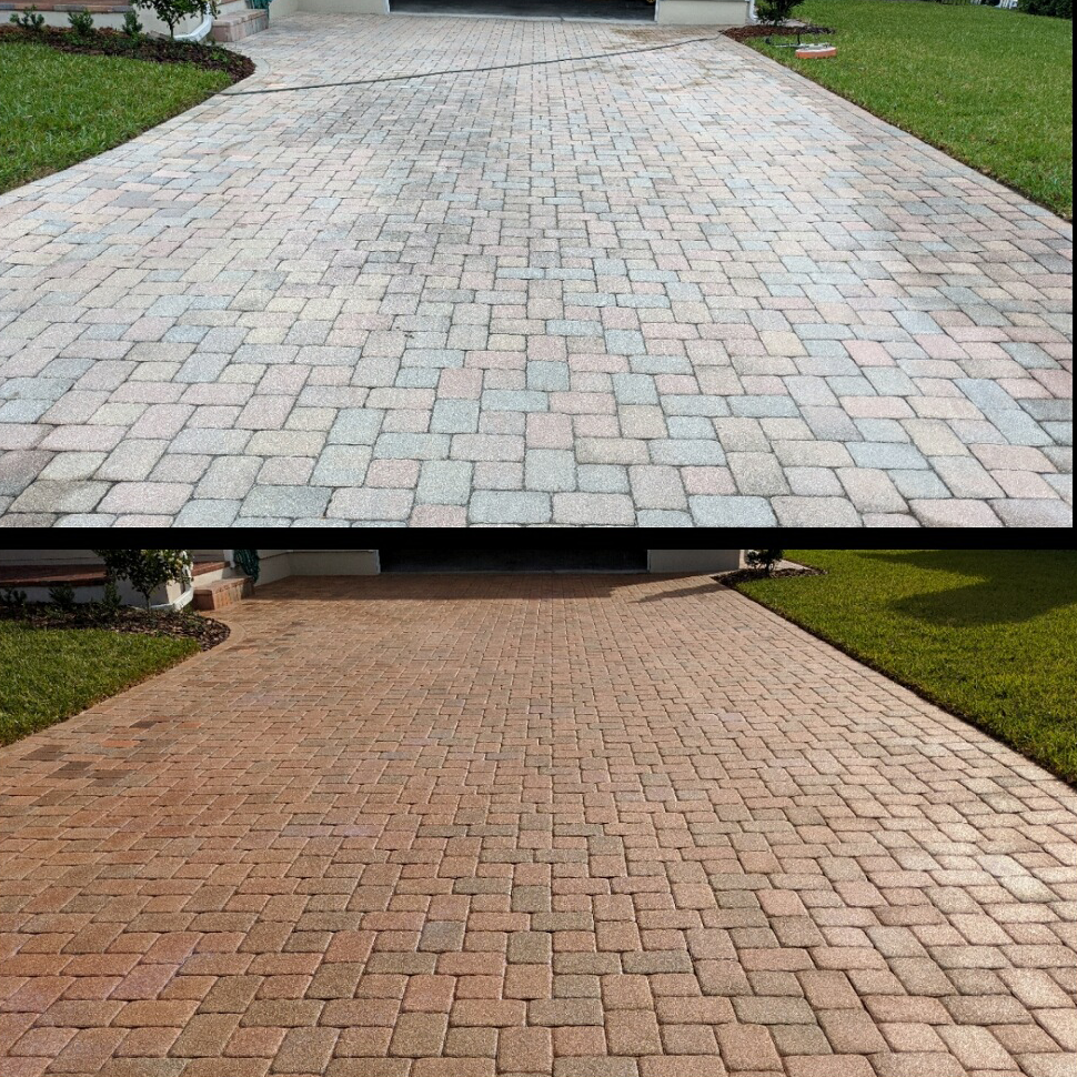 Before and after photos of paver driveway
